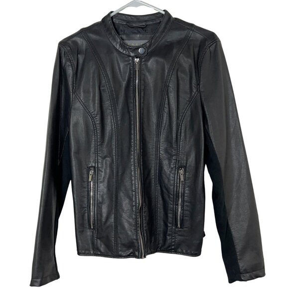 Kenneth Cole Reaction Black Faux Leather Moto Jacket Women’s Large L Slim Fit - Picture 2 of 13